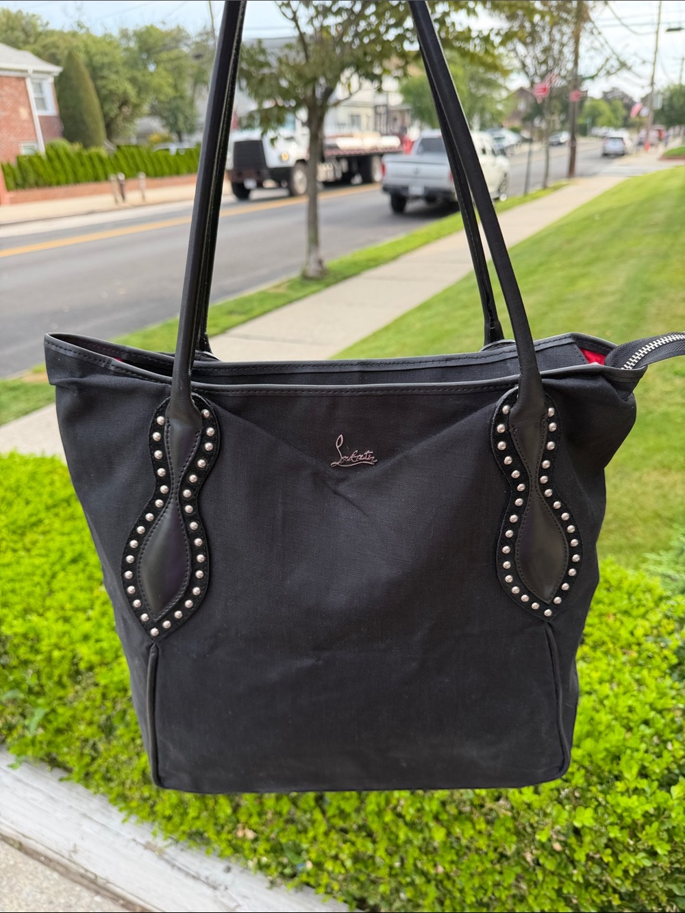 Christian Louboutin Black Studded Handle Tote Leather and canvas with COA